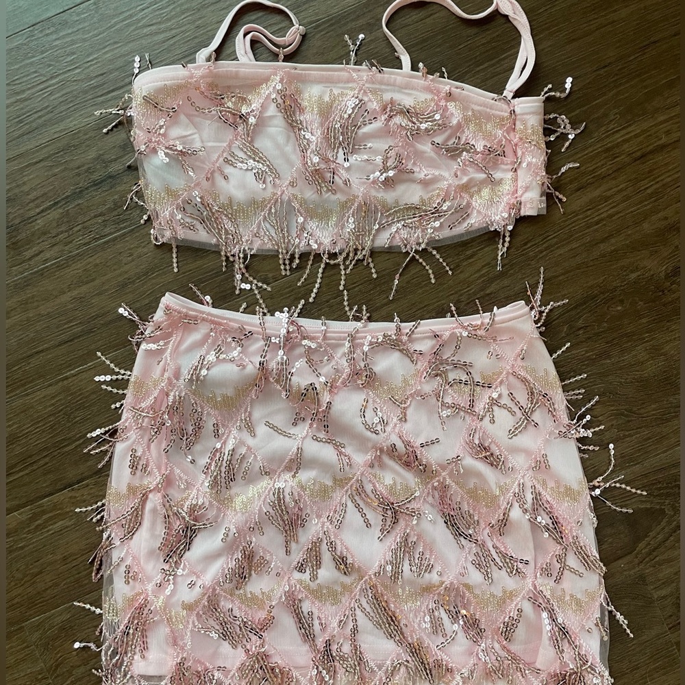 Cider pink sequin crop top and mini skirt set